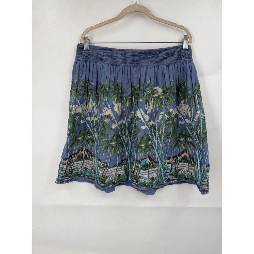 Anthropologie Vanessa Virginia Palm Tree Tropical Print Cotton Skirt Blue Sz L